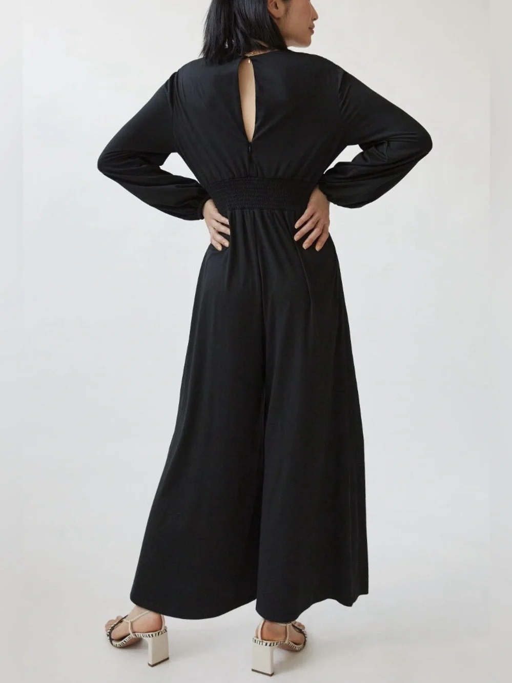 Anthro Hutch Black Wide-Leg Jumpsuit XL Smocked Waist V-Neck - Picture 5 of 10